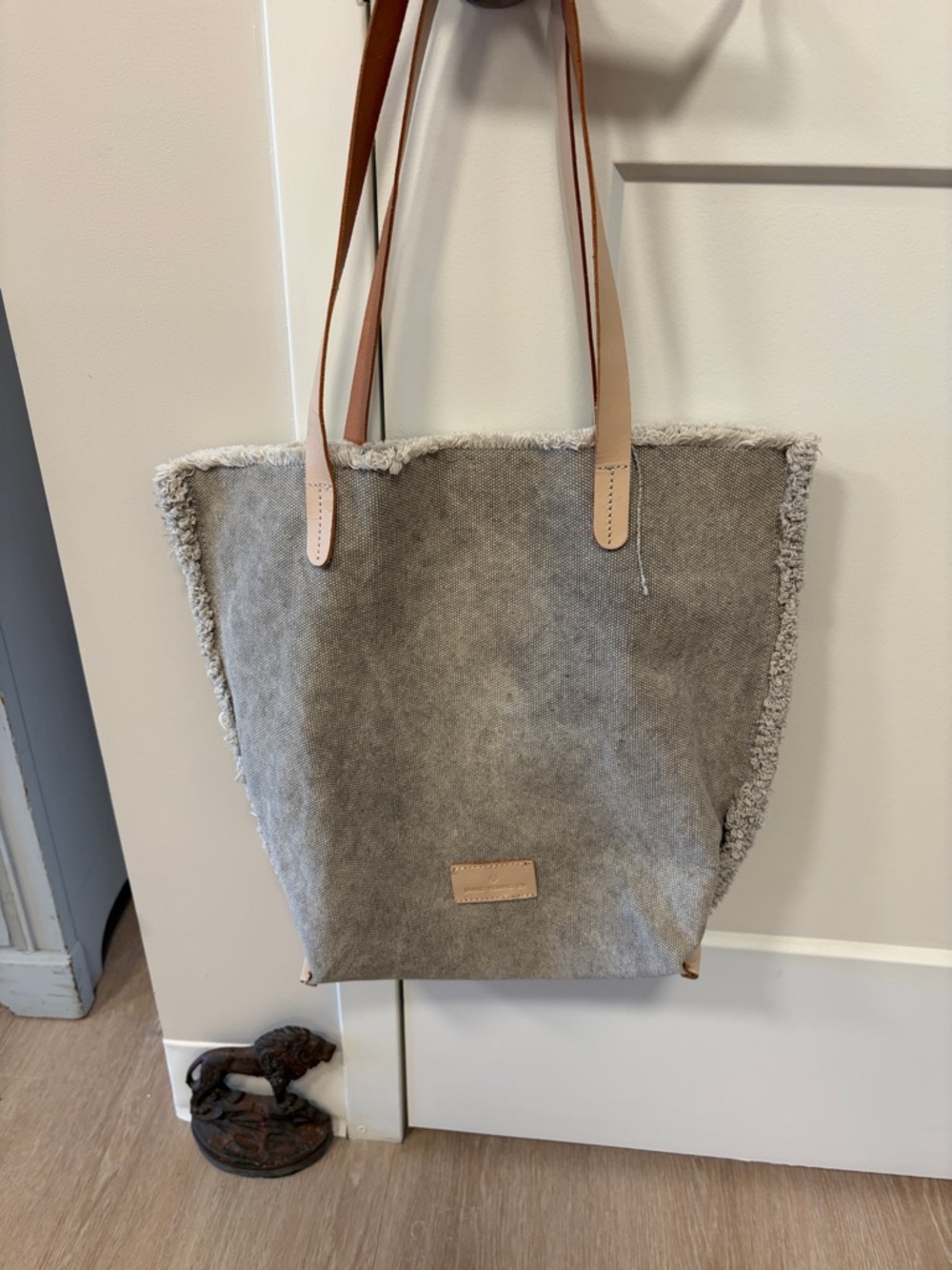 Jamie Young Co. Gray Canvas Tote Bag Shopper Fringe Trim Interior Design